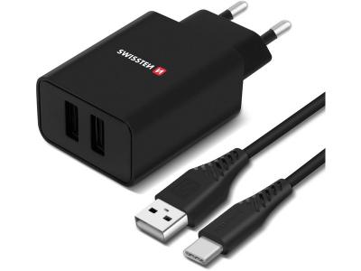 GENERIQUE Chargeur Secteur Double Usb 2.1a Smart Ic + C&acirc;ble Usb-c Swissten Noir