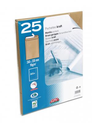 GPV Paquet de 25 pochettes kraft brun 24 260x330 90 g/m&sup2; bande de protection