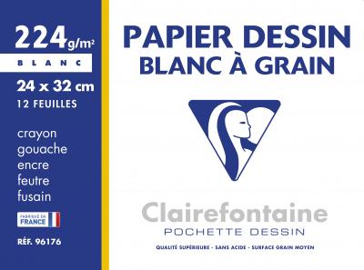 CLAIREFONTAINE  Pochette 12 Feuilles Dessin &Agrave; Grain 24x32 224g Blanc