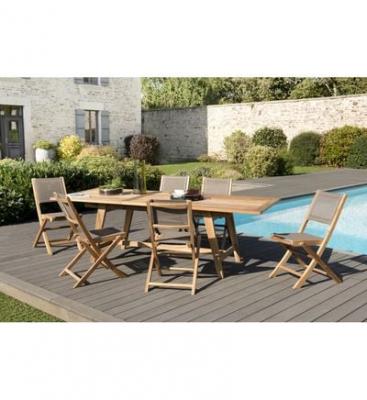 MACABANE Ensemble En Teck Table 180/240 Cm + 6 Chaises Pliantes - Gardena
