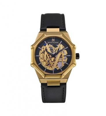 MONTIGNAC Montre Homme  Squelette MOW301 - Bracelet Cuir Noir