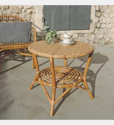 Table basse gu&eacute;ridon plateau en rotin naturel tress&eacute; Cabourg