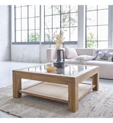 Table basse carr&eacute;e vitr&eacute;e en teck massif 100 cm BOSTON