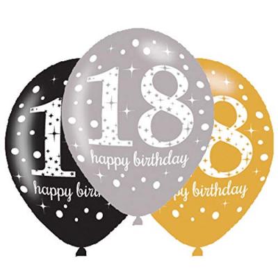 Noir et or 18e anniversaire ballons Party Pk6