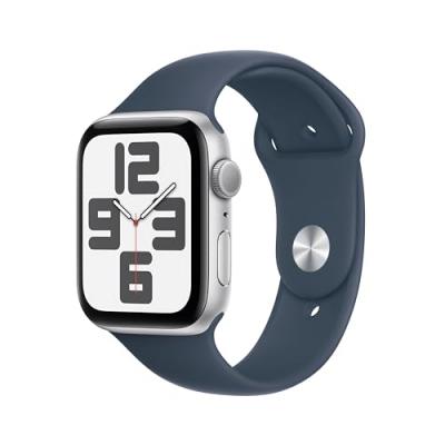 Apple Watch SE GPS, bo&icirc;tier en Aluminium Argent de 44 mm avec bracelet sport Bleu Orage S/M 