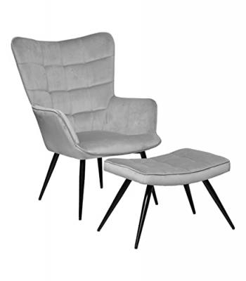 ATMOSPHERA Fauteuil et tabouret velours Ermine gris  - Gris