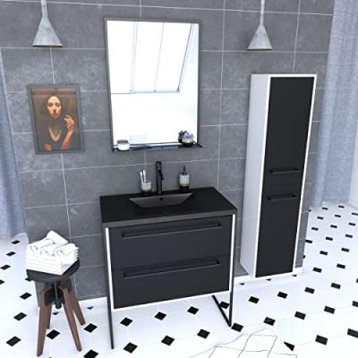 Ensemble meuble de salle de bain 80x50 cm - vasque noir effet pierre + colonne noir mat + miroir