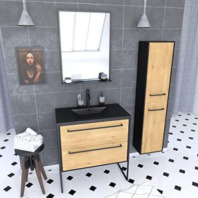 Ensemble Meuble de salle de bain blanc 80cm + vasque noir effet pierre + miroir + colonne rangement