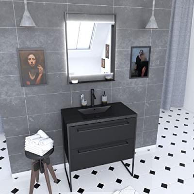 Meuble de salle de bain 80x50 cm - 2 tiroirs noir mat - vasque r&eacute;sine noire effet pierre + miroir