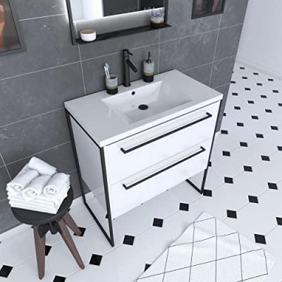 Meuble de salle de bain 80x50cm Blanc - 2 tiroirs - vasque resine blanche - pieds et poign&eacute;es