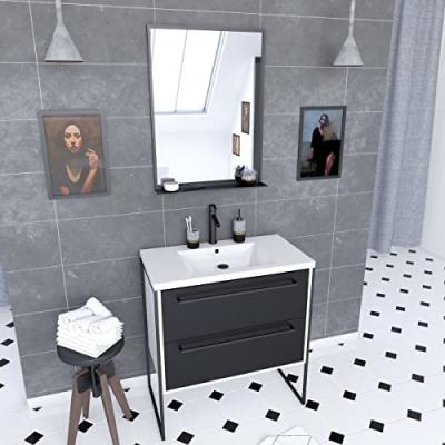 Pack meuble de salle de bain 80x50 Blanc - 2 tiroirs + vasque resine blanche + miroir noir mat