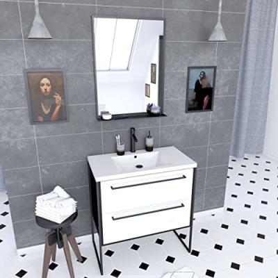 Pack meuble de salle de bain 80x50 cm - 2 tiroirs blanc - vasque blanche + miroir noir mat