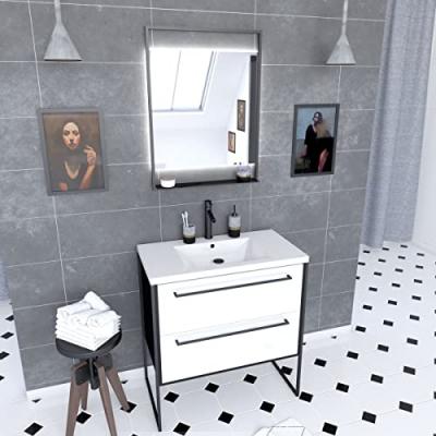 Pack meuble de salle de bain 80x50 cm NOIR MAT - 2 tiroirs blanc - vasque blanche + miroir LED