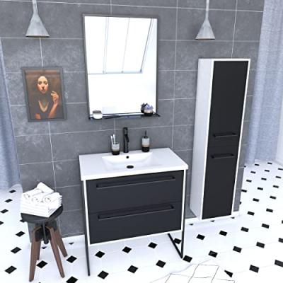 Pack meuble de salle de bain 80x50 cm NOIR - vasque r&eacute;sine blanche + miroir noir mat + colonne