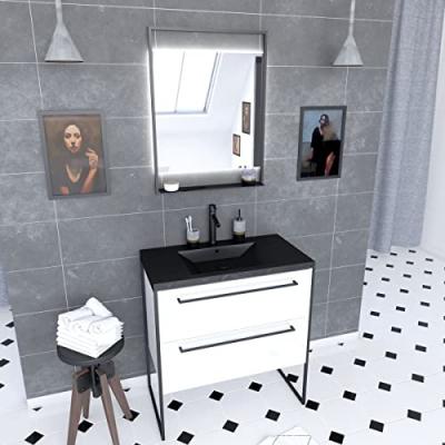 Pack meuble de salle de bain 80x50cm Blanc - 2 tiroirs - vasque resine noire effet pierre - miroir