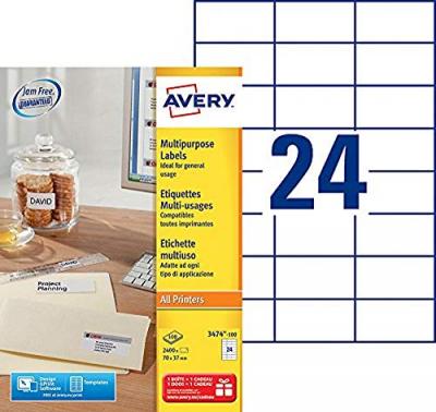 AVERY  Etiquette adresse jet d'encre et laser 70 x 37 mm  3474-100 blanche - Bo&icirc;te de 2400