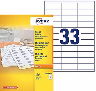  Etiquettes Avery DP033 - copieur monochrome - 70x26 - blanc - 100 planches - bo&icirc;te de 3300