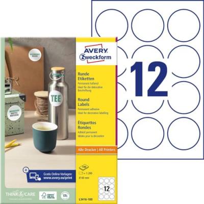 AVERY DENNISON Avery L3416 - Blanc - diam&egrave;tre 60 mm 1200 unit&eacute;s (100 feuille(s) x 12) &eacute;tiquettes rondes