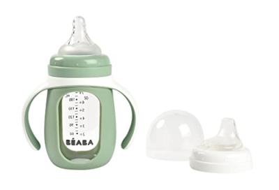 BEABA Biberon D'apprentissage En Verre 2 En 1 - 210 Ml - Vert Sauge - 
