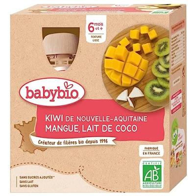BABYBIO  Gourdes - 4x90g - D&egrave;s 6 mois Kiwi - Mangue - Lait de Coco