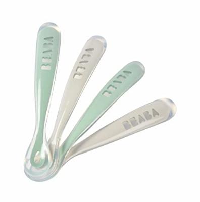 BEABA Lot de 4 cuill&egrave;res 1er &acirc;ge silicone velvet grey/sage green