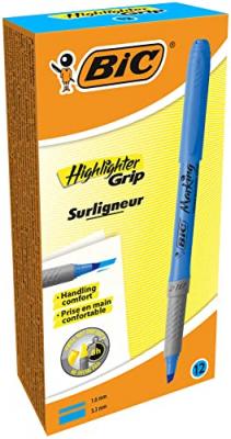 BIC  Highlighter Grip Surligneurs Pointe Biseaut&eacute;e - Bleu, Bo&icirc;te de 12