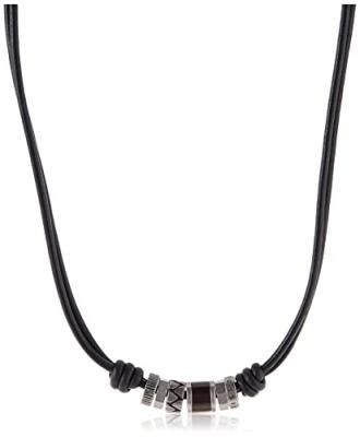 FOSSIL Collier en Cuir Noir avec perles en Acier Inoxydable, JF84068040