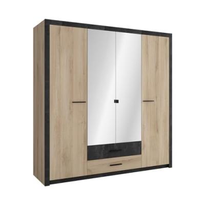Armoire 4 portes avec miroir COLO ling&egrave;re et penderie imitation ch&ecirc;ne et noir