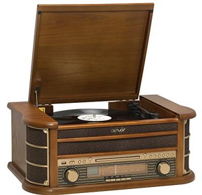 DENVER Lecteur de disques vinyles MCR-50MK3 Design r&eacute;tro. Radio FM/AM, CD, Cassette. Haut-parleurs 5W. Fonction REC, Bo&icirc;tier en Bois 