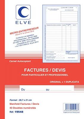 ELVE  CARNET FACTURES/DEVIS AUTO ENTREPRENEURS 297X210 40/2 - Pack de 1