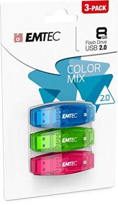 DEXXON Pack de 3 cl&eacute;s USB 8Go EMTEC C410 - Rouge. vert et bleu