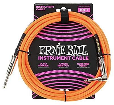 ERNIE BALL  C&acirc;ble d&rsquo;instrument tress&eacute;, connecteur droit et coud&eacute;, 3 m, orange fluo