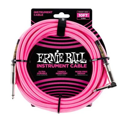 ERNIE BALL  C&acirc;ble d&rsquo;instrument tress&eacute;, connecteur droit et coud&eacute;, 3 m, rose fluo