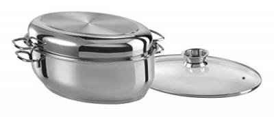 GSW  411318 Plat &agrave; r&ocirc;tir 3 en 1 ovale en acier inoxydable 18/8, verre 8,5 l Argent&eacute; 38 cm