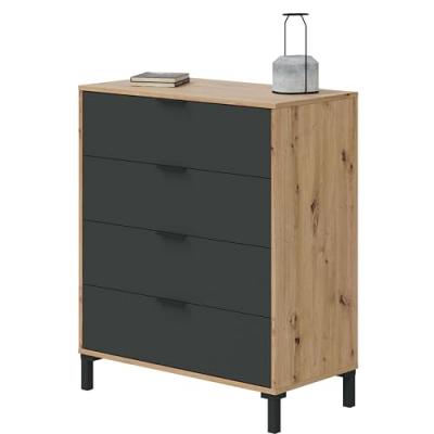 Commode 4 tiroirs d&eacute;cor ch&ecirc;ne noueux et gris anthracite - l77,5 cm