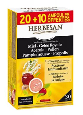 HERBESAN  Miel Gel&eacute;e Royale Ac&eacute;rola Propolis Pollen Extrait de Pepins de Pamplemousse 30 ampoules