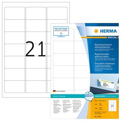 HERMA  Removable Labels 63.5x38.1 Mm 100 Sheet Din A4 2100 Units Blanc