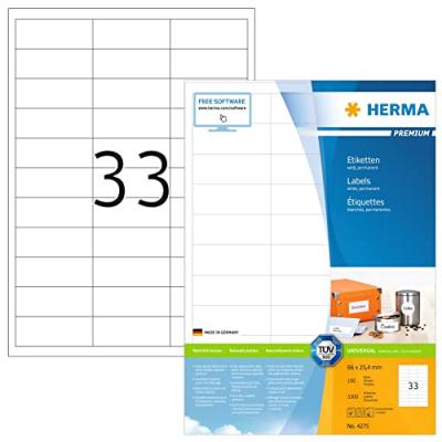 HERMA  4275 &Eacute;tiquettes 66 x 25,4 Premium A4 3300 pi&egrave;ces Blanc