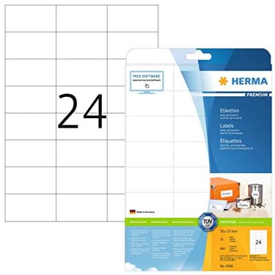 HERMA  4390 &Eacute;tiquettes 70 x 37 Premium A4 600 pi&egrave;ces Blanc