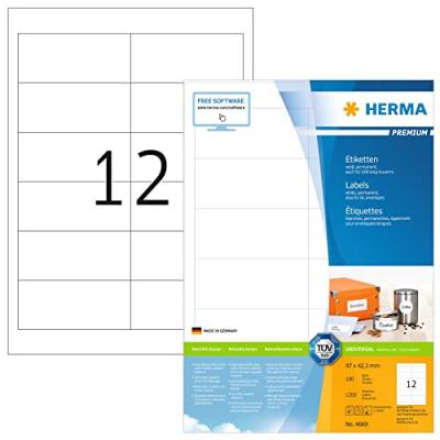 HERMA  4669 &Eacute;tiquettes 97 x 42,3 Premium A4 1200 pi&egrave;ces Blanc