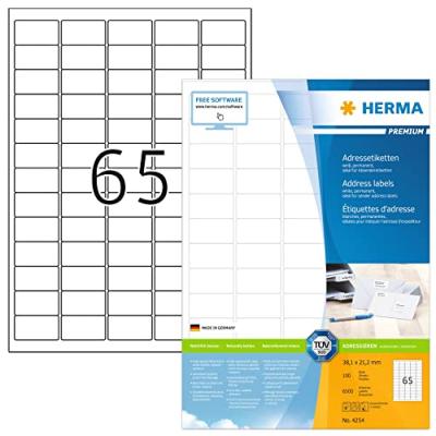 HERMA  Premium - Papier - mat - auto-adh&eacute;sif permanent - Ultra blanc - 38.1 x 21.2 mm 6500 &eacute;tiquette(s) (100 feuille(s) x 65) &eacute;tiquettes d'adresse lamin&eacute;es 