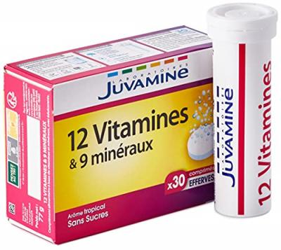 JUVAMINE Compl&eacute;ment Alimentaire 12 Vitamines, 9 Min&eacute;raux Sans Sucres  - La Bo&icirc;te De 30 Comprim&eacute;s