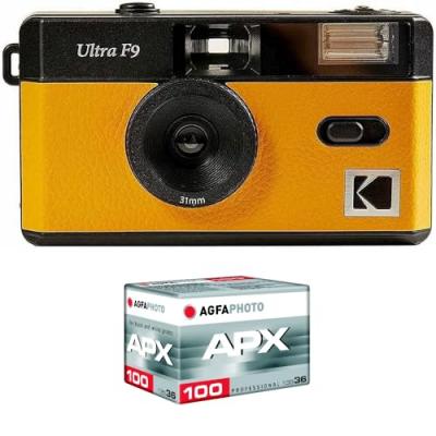 KODAK  Pack F9 Argentique + Pellicule 100 ASA - Appareil Photo  Rechargeable 35mm Jaune, Objectif Grand Angle Fixe, Viseur optique , Flash Int&eacute;gr&eacute; + Pellicule APX 100, 36 poses -