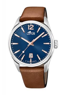 LOTUS Montre  L18693-2 - Dateur Bo&icirc;tier Acier Argent&eacute; Bracelet Cuir Marron Cadran Bleu Homme