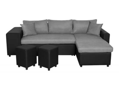 LOUNGITUDE Canap&eacute; d'angle OSLO convertible avec coffre et poufs gauche - Bi-mati&egrave;re
