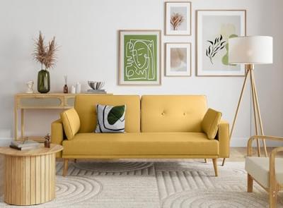 LOUNGITUDE Canap&eacute; droit scandinave ELGA convertible 3 places en tissu - Jaune
