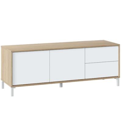 LOUNGITUDE Meuble TV 2 portes et 2 tiroirs L130cm - Blanc/ch&ecirc;ne