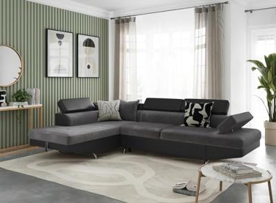 LOUNGITUDE Canap&eacute; d'angle gauche convertible avec coffre bi-mati&egrave;re noir/gris