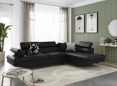 LOUNGITUDE Canap&eacute; d'angle droit convertible simili cuir noir Mio 275 cm