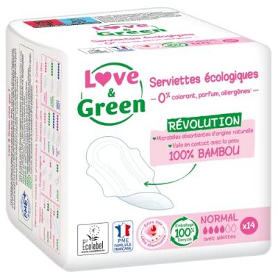 LOVE & GREEN Love Et Green Paquet 14 Serviettes Normales Femme Hypoallergeniques